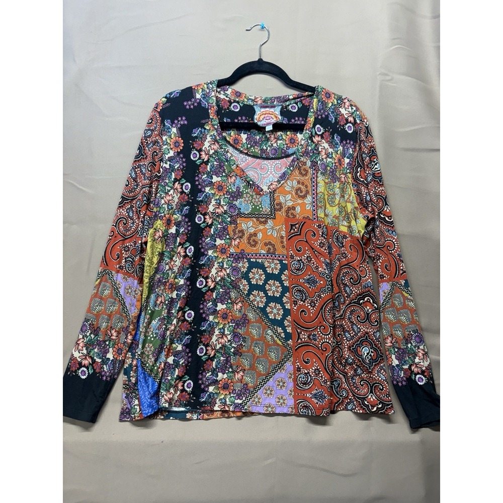 Johnny Was Favorite Patchwork Print Jersey Knit Swing Top LargeLong Sleeves Boho